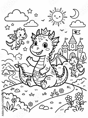 Adorable cartoon baby dragons playing happily in a whimsical fantasy landscape with a castle, stars, and smiling sun