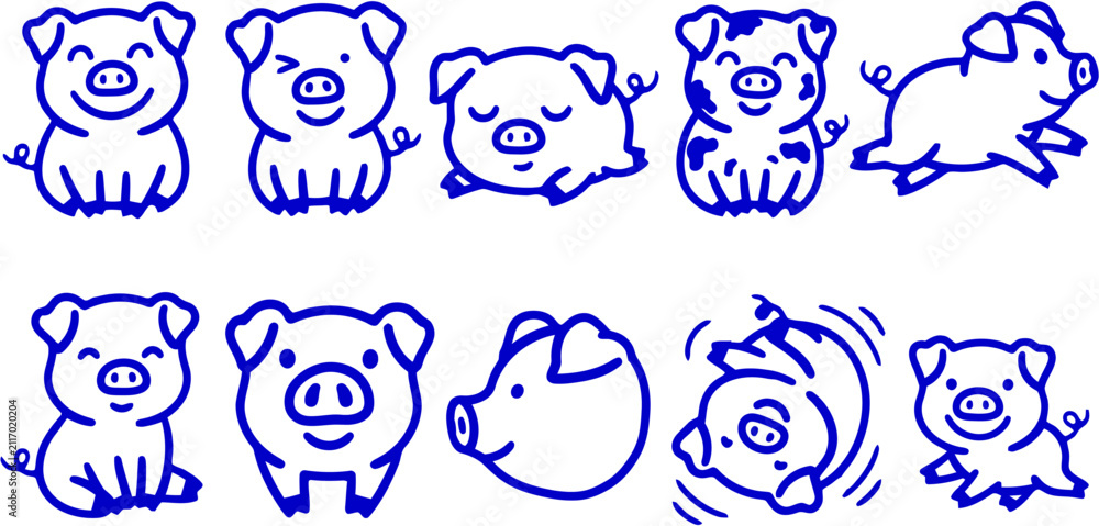 Fototapeta premium Set of cute hand-drawn blue pig illustrations in various poses and expressions for creative design projects