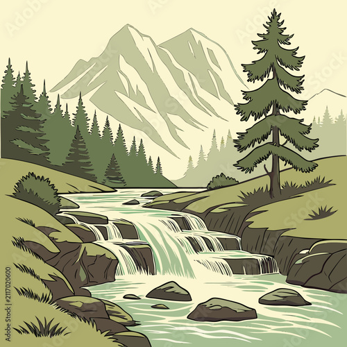 Obraz na plátně Mountain landscape with a waterfall and pine trees in a forest scenic landscape