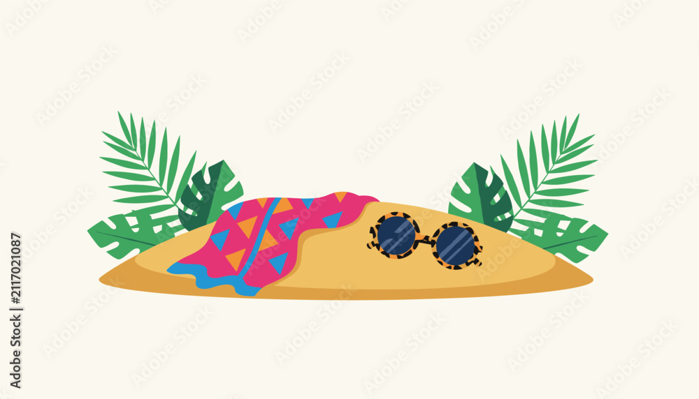 Naklejka premium Summer beach vacation scene featuring a colorful towel, leopard-print sunglasses, and tropical leaves on sand.