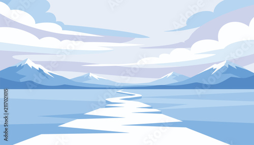 Frozen arctic landscape featuring a cracked ice path leading through the cold ocean towards snow-covered mountains.
