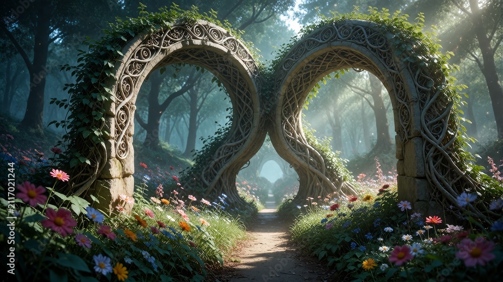 Fototapeta premium Enchanted Infinity Archway in Magical Forest Meadow