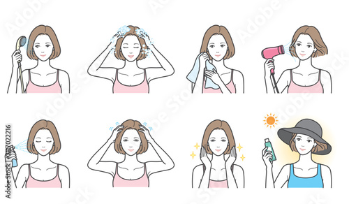 女性の洗髪とヘアケア・紫外線対策のイラスト8点セット（シャンプー・ドライヤー・頭皮マッサージ・帽子）