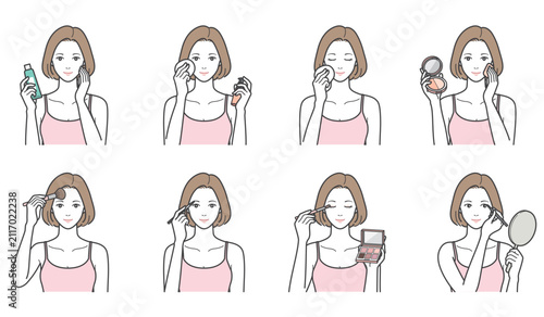 女性のメイクとメイクアップ手順のイラスト8点セット（化粧下地・ファンデーション・アイシャドウ・アイブロウ）