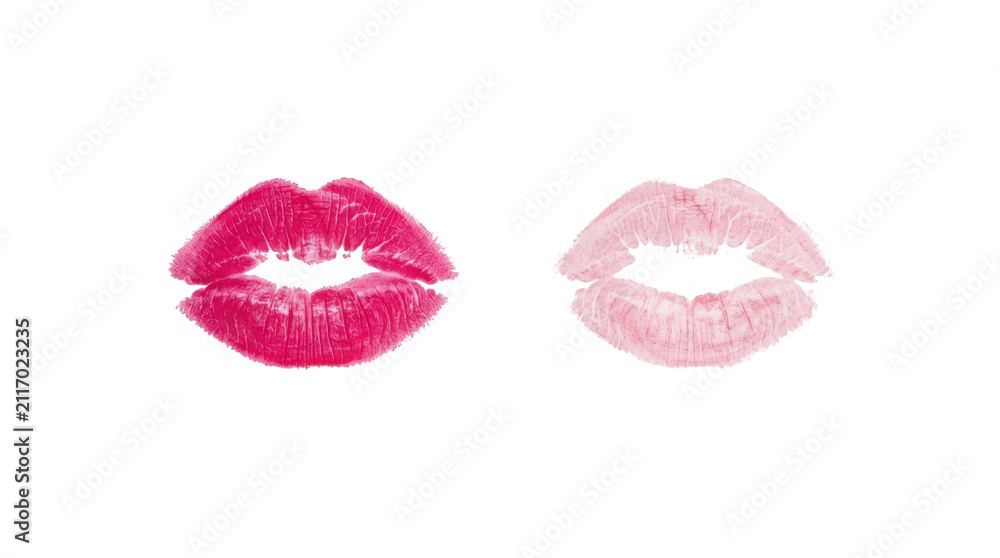 Obraz premium Two realistic pink lipstick kiss marks isolated on transparent background