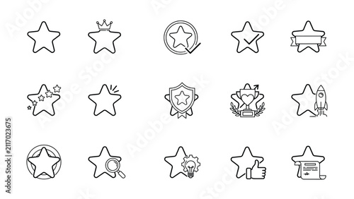 Collection of Various Creative Line Art Star Icons with Different Symbols and Design Elements on Transparent Background