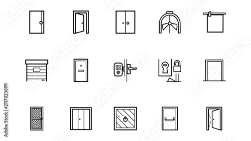 Various types of doors and entryways illustrated with simple line icons on transparent background