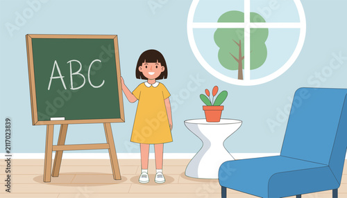 Cute young schoolgirl standing next to a chalkboard with abc text inside a cozy classroom or study room setting.