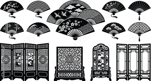 Set of black folding hand fans and traditional Asian room dividers for cultural designs