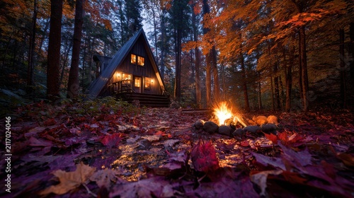 Cozy cabin illuminated in a dark autumn forest with a warm campfire. Ideal for camping and travel advertising.