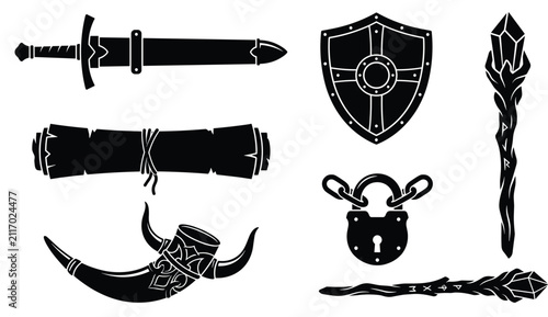 Quadro su tela Set of black fantasy weapon and artifact icons representing medieval adventures,