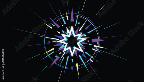 Abstract dynamic starburst explosion element with colorful neon spikes and lines on a black background.