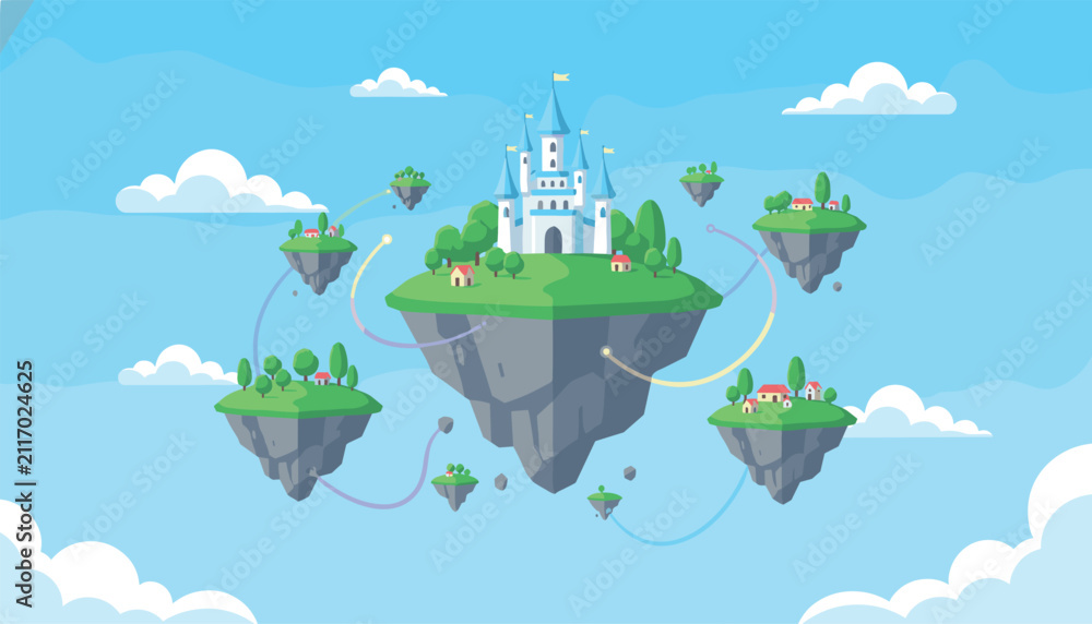 Obraz premium Magical fantasy kingdom with floating islands in the sky featuring a central castle and village houses.