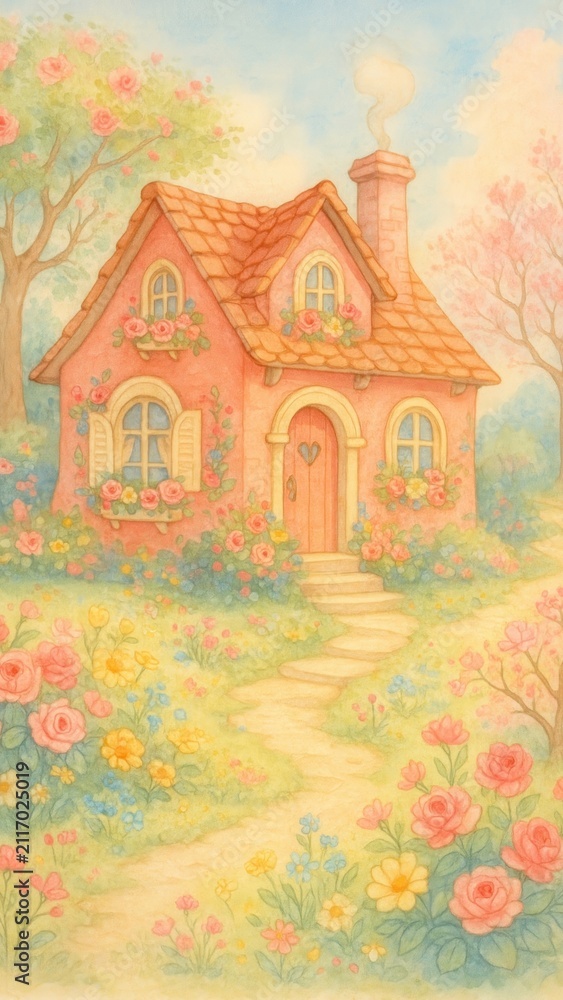 Fototapeta premium Charming cottage in blooming garden mobile wallpaper