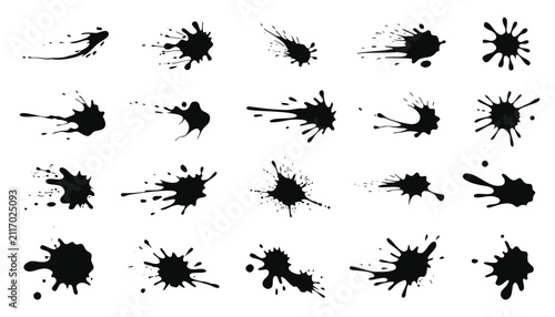 Black ink blot collection and paint splash design elements isolated on white