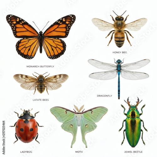 Insects including a monarch butterfly, honey bee, and ladybug are displayed as a detailed educational chart against a clean white background.