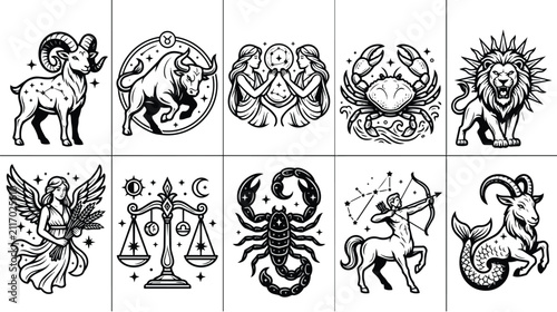 Quadro su tela Mystical zodiac signs collection, celestial astrology horoscope icons, black and