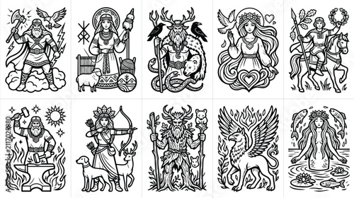 Bild auf Leinwand Norse mythology gods and goddesses vector set, 10 pagan deity line art icons, bl
