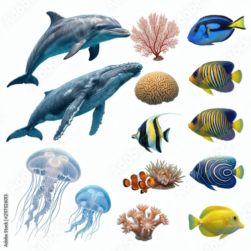 Marine animals and corals collection features a variety of vibrant tropical fish, majestic whales, and translucent jellyfish isolated against a clean white background.