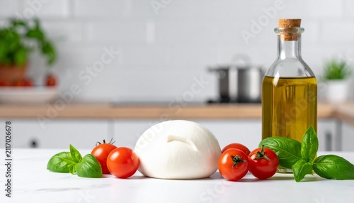 Fresh mozzarella cheese cherry tomatoes basil leaves and olive oil bottle