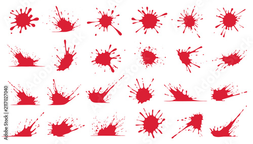 Red blood splashes and paint splatters collection on white background