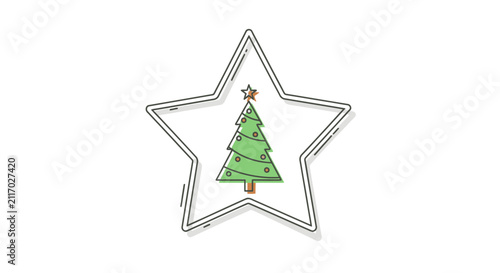 Hand drawn Christmas tree inside star outline, festive holiday illustration