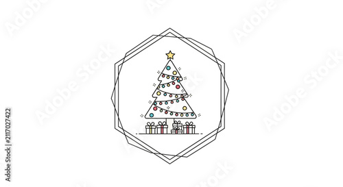 Hand Drawn Christmas Tree with Gifts and Star Inside Geometric Frame