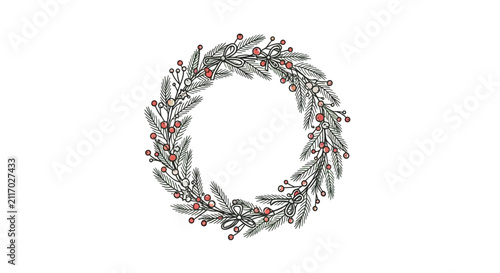 Hand Drawn Christmas Wreath with Berries and Pine Needles - White Background