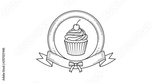 Hand Drawn Cupcake Emblem with Cherry and Ribbon Banner - Black and White