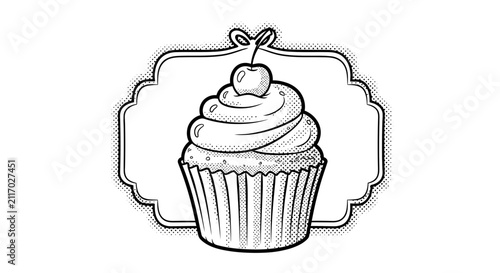 Hand Drawn Cupcake Icon with Cherry and Vintage Frame