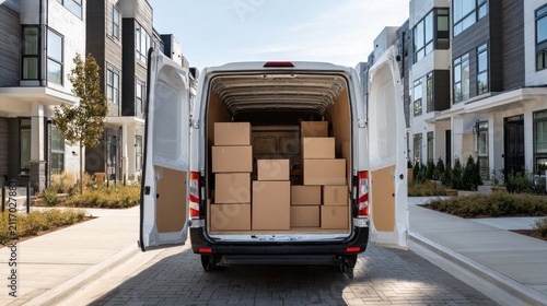 Rear view of delivery van loaded with cardboard boxes on residential street. Great for logistics ads.