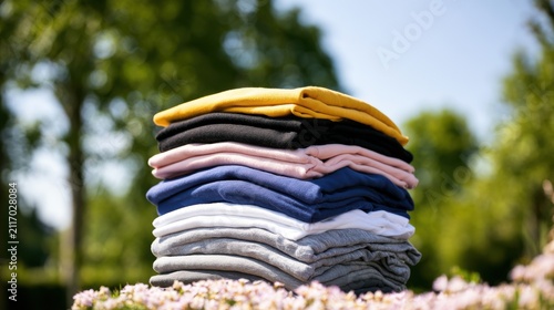 A colorful stack of folded clothes resting on spring flowers outdoors. Laundry service concept.