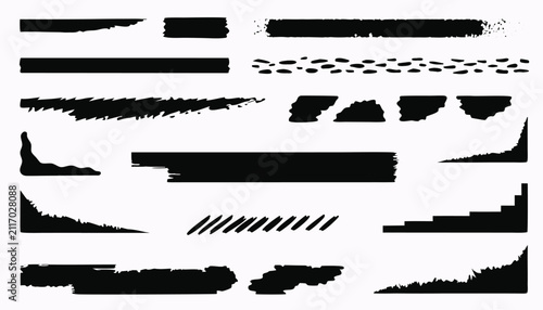Set of various artistic grunge brush strokes and corners, vector illustration. collection of different ink elements