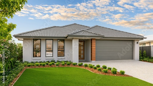Modern single storey suburban family home exterior with a green lawn and grey roof. Real estate and property.