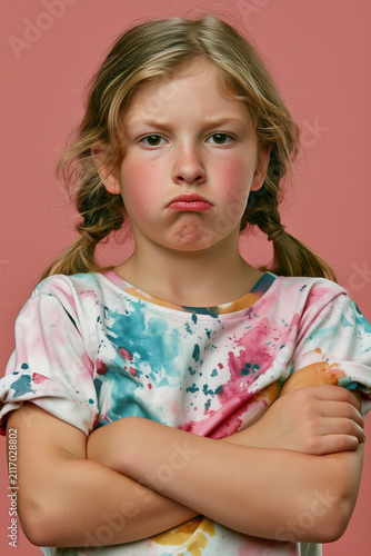 angry girl with folded arms on isolated on plain pink colour studio background