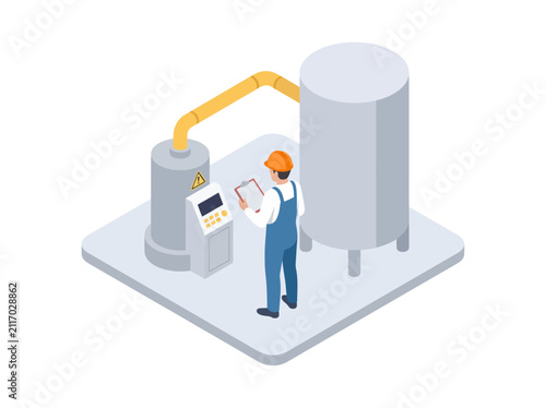 isometric illustration displays one industrial factory plant where a skilled technician in safety gear inspects the advanced machinery, carefully monitoring the connected tanks and control panel