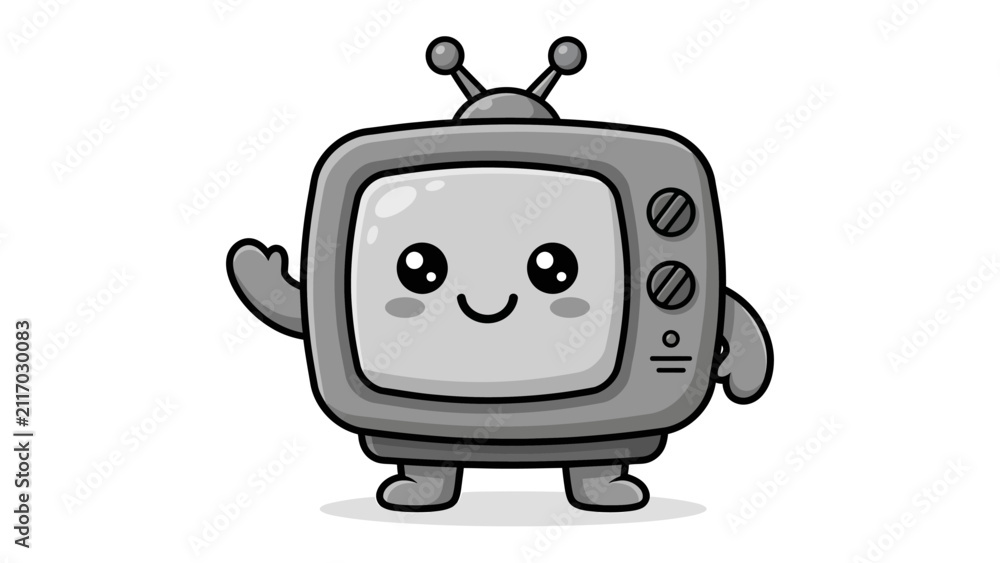 Naklejka premium Kawaii Retro Television Character: A charming, anthropomorphic vintage television with big, adorable eyes and a friendly wave embodies the nostalgic appeal of retro technology.