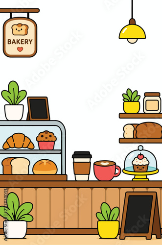 Cute bakery shop interior illustration. Kawaii cafe counter with bread and coffee vector.