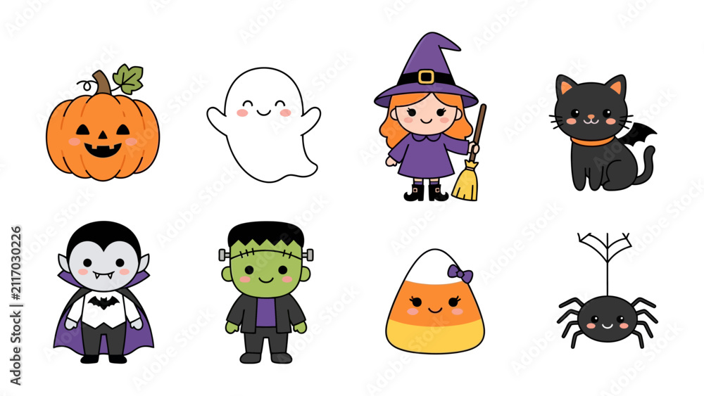 Obraz premium Cute Halloween Icons: A charming collection of kawaii-style Halloween characters, including a pumpkin, ghost, witch, black cat, vampire, Frankenstein, candy corn, and spider.