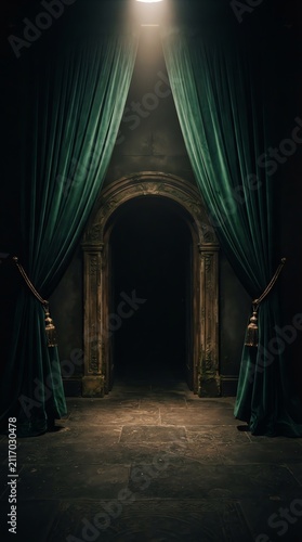 Mystical Dark Stage with Heavy Curtains and Archway.