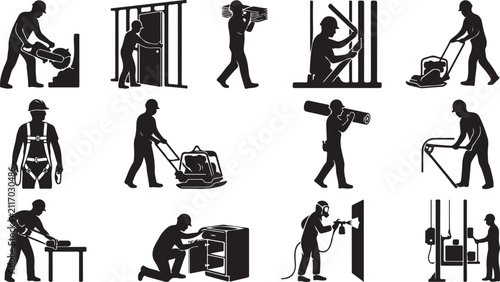 Collection of black silhouette featuring construction workers, heavy machinery, and various manual labor tasks for building renovation