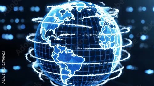 Glowing blue digital globe with data network in space