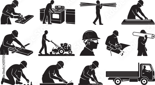 Collection of black silhouette featuring construction workers, heavy machinery, and various manual labor tasks for building renovation