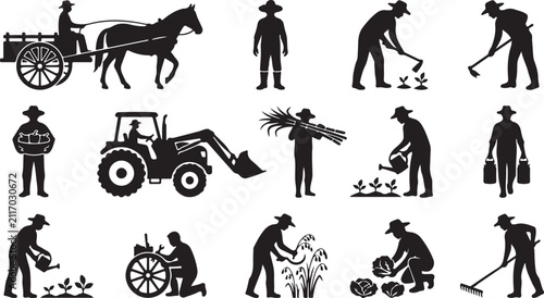 Canvastavla Collection of black silhouette showing various farming activities, agricultural