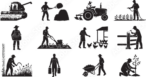 Konstfotografi Collection of black silhouette showing various farming activities, agricultural