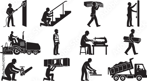 Set of black silhouette featuring construction workers, heavy machinery, and various manual labor tasks for building and renovation