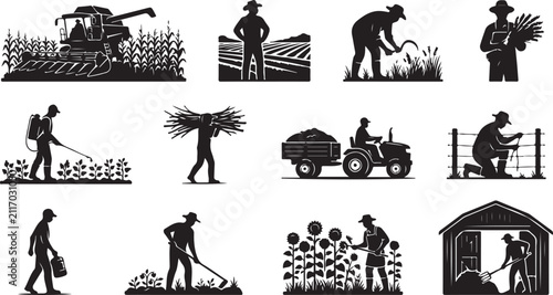 Konstfotografi Set of black silhouettes showing farmers working in fields with agricultural mac