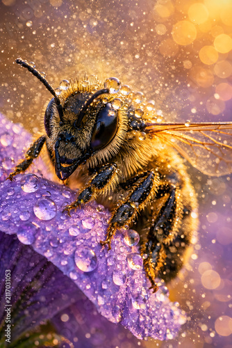 Macro Extreme Close Up of Honeybee Covered in Morning Dewdrops on Purple Flower Petal