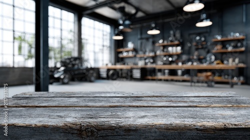 Rustic wooden table in industrial mechanic workshop. Ideal for product display backdrop.