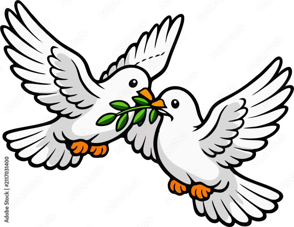 Fototapeta premium Two White Doves Carrying an Olive Branch in Flight, Peace and Love Symbol Illustration